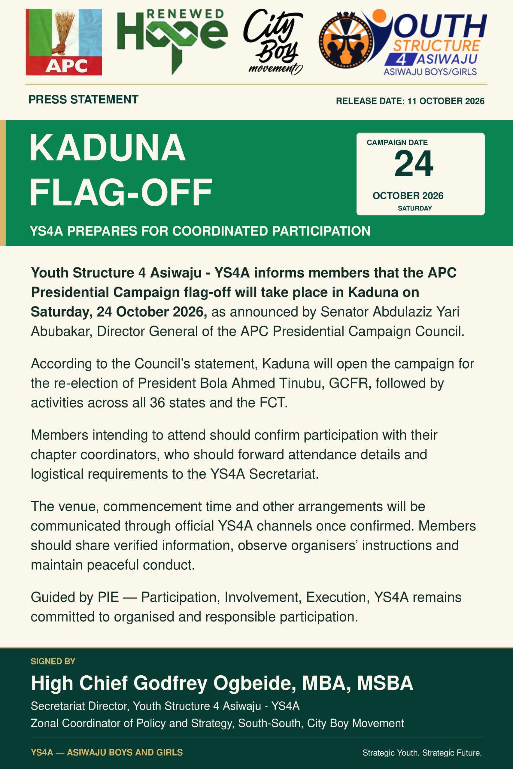 YS4A Announces Coordinated Participation Ahead of APC Presidential Campaign Flag-Off in Kaduna